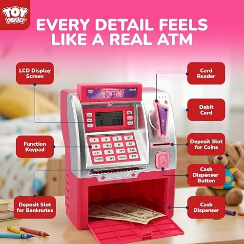 TOY Life Pink Kids ATM Piggy Bank, Money Counter, Ages 5-10 | LCD display screen, code-lock security, teaches counting & saving skills, builds number recognition thumbnail 6