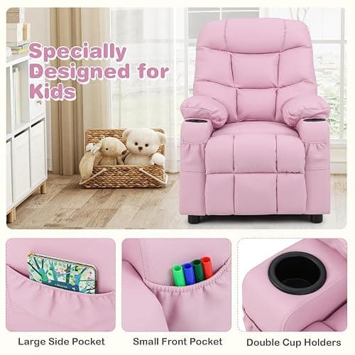 Costzon Kids Recliner Chair with Cup Holder, Adjustable Lounge Chair w/Footrest & Side Pockets for Children Boys Girls Room, Ergonomic Toddler Furniture Sofa, Kids Recliner (Pink) - Pink - 26” x 28” x 34” (L x W x H) thumbnail 7