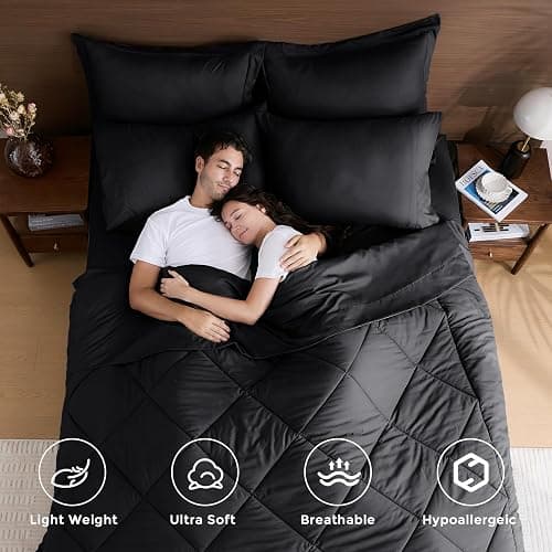 HEVUMYI 7 Pieces Queen Comforter Set, All Season Reversible Bed in a Bag, Ultra Soft Queen Bedding Set with Grey Comforter, Flat Sheet, Fitted Sheet, Pillowcases, Pillow Shams, Black thumbnail 3