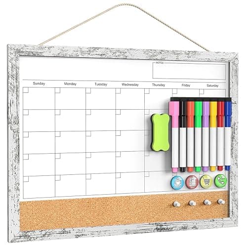 Dry Erase Calendar for Wall, 17x13 Inches Whiteboard Calendar Cork Board Combo, Magnetic Small White Board with Wood Framed, Hanging Dry Erase Board for Office Kitchen Home Planner Memo - Image 1