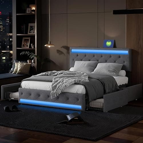 Aneutr Lit 140x200 avec sommier LED et Charge USB Type C, LIt Double rembourré avec 4 Tiroirs, Lit Coffre avec Tête de Lit Rembourrée Ajustable, Lits 2 Personnes, Facile à Assembler,Lin thumbnail 9