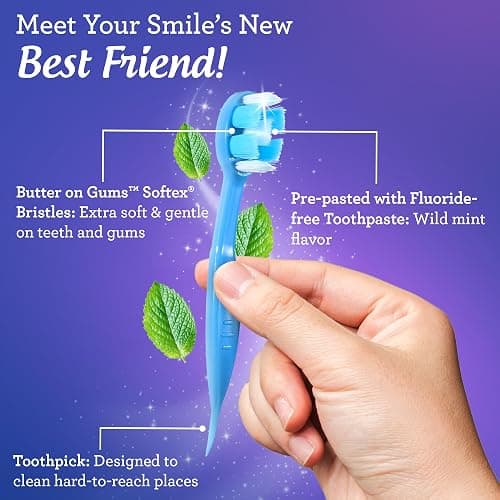 GuruNanda Mini Disposable Toothbrushes with Toothpaste & Toothpick, Prepasted Ready-to-Go Travel Toothbrush with Butter on Gums Bristles - Fluoride Free, No Rinsing, Individually Wrapped, 70 Ct thumbnail 5