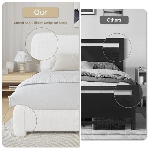 BarnFurin Queen Bed Frame with Headboard, Boucle Upholstered Platform Bed Frame, Luxurious Soft Rounded Corners, No Box Spring Required, Easy Assembly, White thumbnail 7