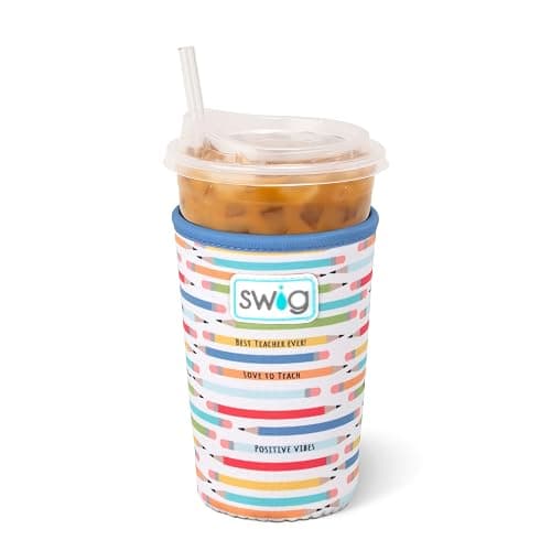 Swig Life Medium Iced Cup Coolie, Standard 22oz Iced Coffee Cup Insulator Sleeve with Handle, Neoprene Insulated Coolie Keeps Drinks Cold (Teacher Life) - Image 1