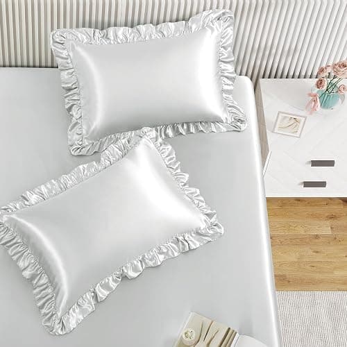 Homiest 2-Pieces Ruffle Pillow Case & Satin Fitted Sheet Set, Light Grey Twin Satin Sheets with Ruffled Pillow Shams, 15 Inch Deep Pocket, Cute & Coquette Silk-Like Bed Set for Decorating Bedroom - Image 1