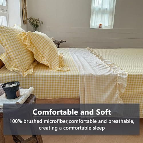 NSNLGSGC Yellow Gingham Ruffle Queen Sheet Set | Soft Pre-Washed Microfiber, Plaid, 4-Pieces, Farmhouse, Deep Pocket thumbnail 4