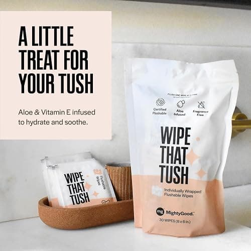 Wipe That Tush On-The-Go Flushable Wipes - 1 Pack of 30 Individually Wrapped Wipes - Fragrance Free - Extra Large & Soft - Hypoallergenic With Aloe & Vitamin E - Septic-Safe thumbnail 3