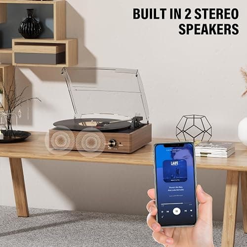Record Player for Vinyl with 2 Build-in Speakers LP Vinyl Players Belt-Driven Vintage Turntables 3 Speed 3 Size, Wireless Bluetooth Playback, AUX-in,RCA Out, Headphone, Auto Stop Wood thumbnail 6