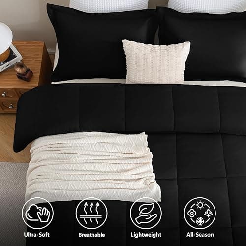 CozyLux Queen Comforter Set, 3-Piece Box-Stitched, Black | 270 GSM Down Alternative Fill, 90 GSM Brushed Microfiber Shell, OEKO-TEX Certified, 88 x 88 in Comforter with 2 Pillow Shams thumbnail 2
