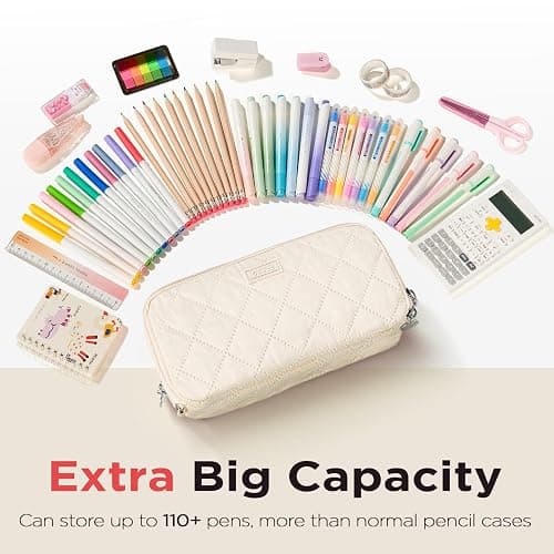 Sooez Large Pencil Case Pouch,Extra Big Pencil Bag with 8 Compartments,Pen Bag Wide Opening,Soft Quilted Pencil Pouch Organizer with Zipper,Portable Pencil Case for Teen Girls,Beige thumbnail 4