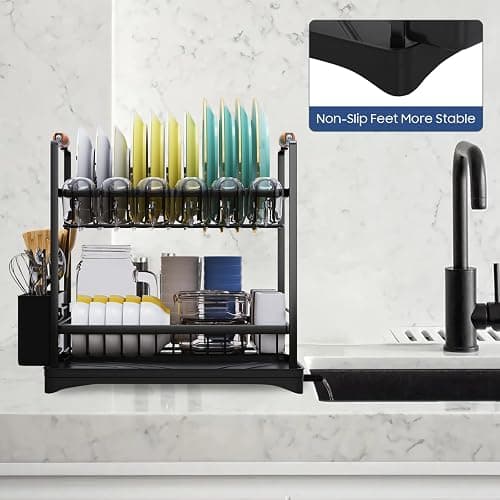 PXYHMUS 2-Tier Large Dish Drying Rack for Kitchen Counter with Drainboard and Cutlery Holder, 2 Tier Dish Drying Rack, Black,16.54" D x 11.81" W x 17.71" H thumbnail 6