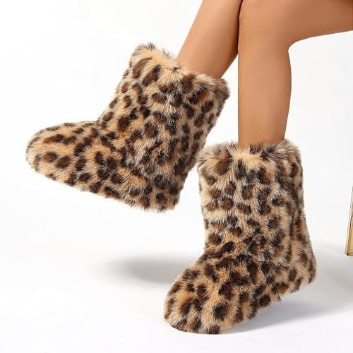 Eosxrp Furry Faux Fur Boots Women's Winter Shoes Woman Fluffy Warm Snow Boots Mid-Calf Comfortable Outdoor Flat thumbnail 2