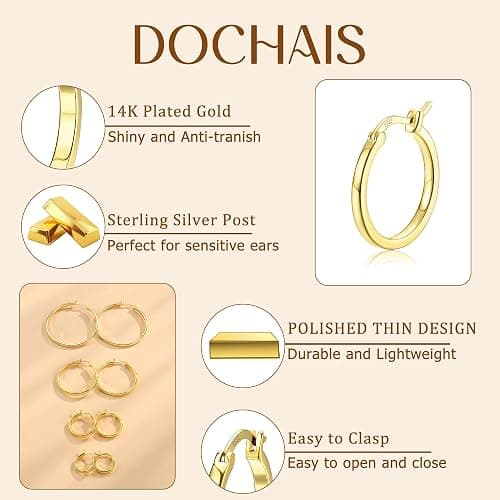 Dochais 18K Gold Plated Hoop Earrings - 925 Sterling Silver Hoop Earrings Large Hypoallergenic Lightweight Thin Big Hoops for Women-15/20/30/40MM thumbnail 2