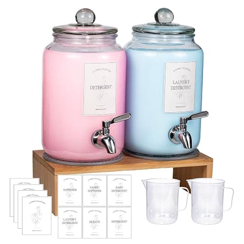 2 Pack Glass Laundry Detergent Dispenser,Sturdy glass Fabric Softener Dispenser With Leak Proof Pump,Reusable Container & Bamboo Stand-108Oz Big Laundry Soap Container For Washer Room Organization (2) - Image 1