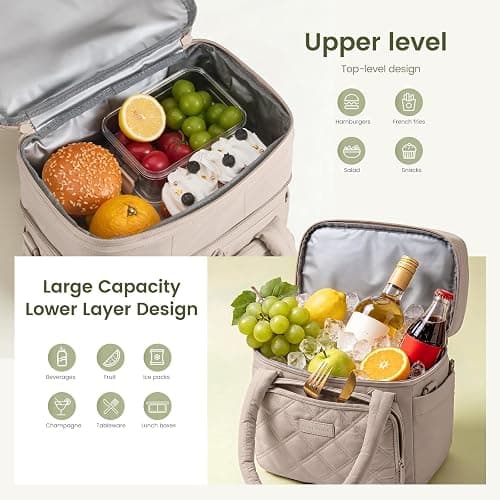 LOVEVOOK Insulated Lunch Bag For Women Men,Expandable Double Deck Lunch Box With Large Cup Holder,Leakproof Cooler Bag For Adult Lunch Tote Bag Work Picnic Beach with Adjustable Shoulder Strap Gift thumbnail 6