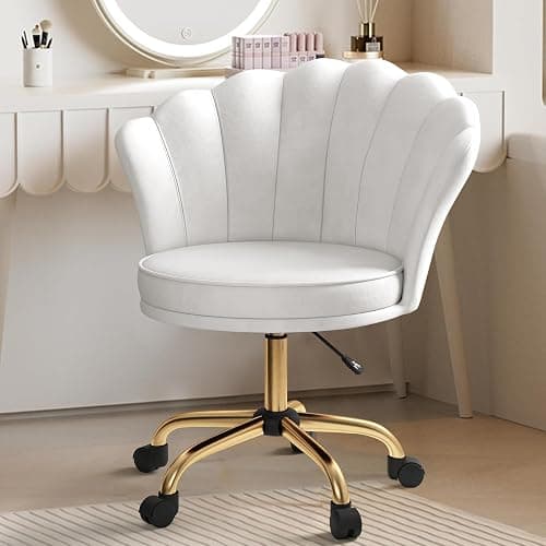 Aivermeil Comfy Home Office Desk Chair, Swivel Modern Velvet Vanity Chair with Gold Base, with Lumbar Pillow, Adjustable Rolling Task Chair for Condo, Bedroom & Vanity，White thumbnail 3