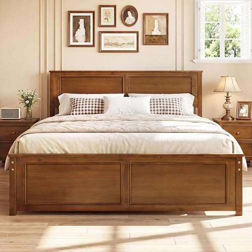Giantex Wood Queen Size Bed Frame with Headboard, Farmhouse Solid Platform Bed w/Wooden Slat Support Mattress Foundation, Under-Bed Storage, No Box Spring Needed, Walnut - Image 1