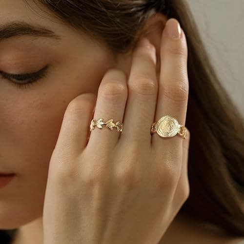 FIOROYAL 12Pcs 𝟏𝟖𝐊 𝐆𝐨𝐥𝐝 𝐏𝐥𝐚𝐭𝐞𝐝 Rings for Women Stainless Steel Stackable Rings Boho Signet Snake Ring Adjustable Open Ring Chunky Knuckle Rings Set Gold thumbnail 4