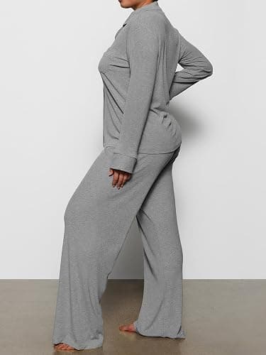AnotherChill Women's Pajamas Set Long Sleeve Button Down Ribbed Knit 2 Piece Sleep Sets Loungewear Soft Pjs thumbnail 3