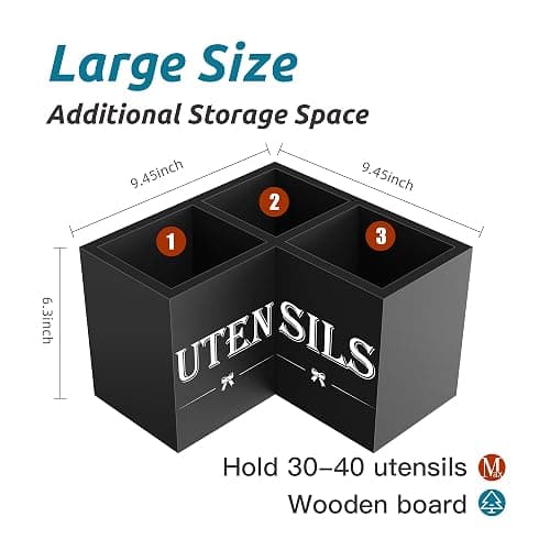 Suli Extra Large Kitchen Utensils Holder with 3 Compartments,Corner Utensil Caddy for Countertop,Wooden Utensil Organizer for Kitchen Countertop, Farmhouse Decor- Black thumbnail 3