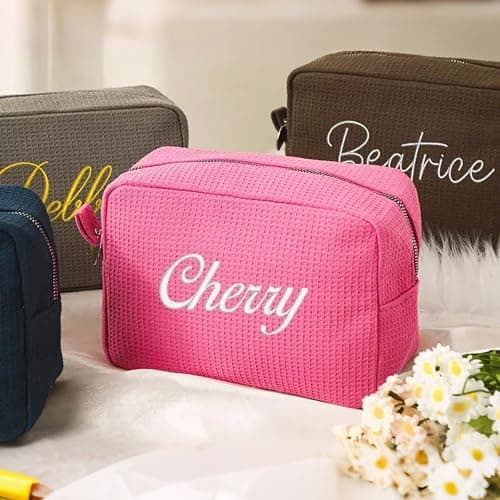 Personalized Embroidered Waffle Cosmetic Bags, Custom Thicken Beauty Makeup Packet Bag for Women Girls, Travel Makeup Pouch, Aesthetic Toiletry Case, Bridal Bridesmaid Party, Birthday, Wedding Gifts thumbnail 5