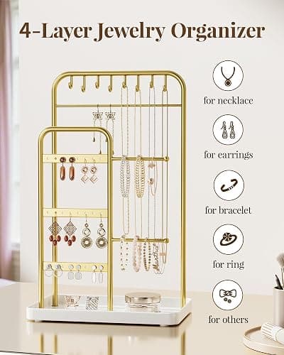 pickpiff Jewelry Holder Stand: Jewelry Display for Necklace, Bracelet, Earring, Ring, White & Gold thumbnail 6