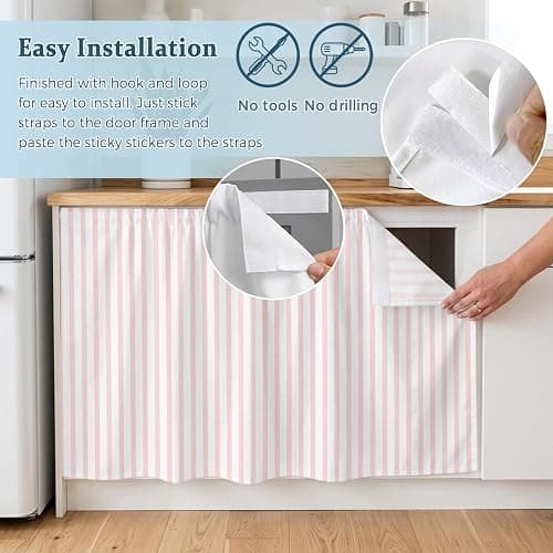 *BOUGHT* Pink Striped Cabinet Curtains for Kitchen Modern Stripes Farmhouse Rustic Simple Utility Sink Skirt, Under Sink Curtain for Laundry Room and Wider Cabinets, 35" W x 35" L thumbnail 6