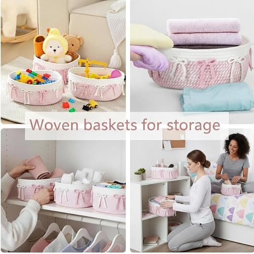Geelin 3 Pcs Pink Bow Baskets Laundry Hamper Cute Coquette Woven Rope Gift Baskets Rectangle Shelf Organizer Storage Bins for Closet Bedroom Nursery Toys Organizing, 11.8''x7.8''x4.7'' thumbnail 6