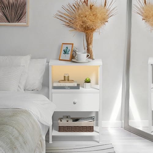 BOLUO White Nightstand with Charging Station, LED Night Stand with Fabric Drawers and Shelf, Bedside Table with USB Ports and Outlets, Bedroom Nightstand Modern thumbnail 6
