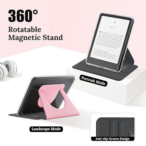 Vane Oak Magnetic Rotating Stand Case for 7'' Kindle Paperwhite & Colorsoft | Magnetic Detachable, Adjustable Stand, Auto Wake/Sleep, Clear PC Case, Soft TPU Edge, Hand Strap, Anti-Slip Grooves, Pink thumbnail 4