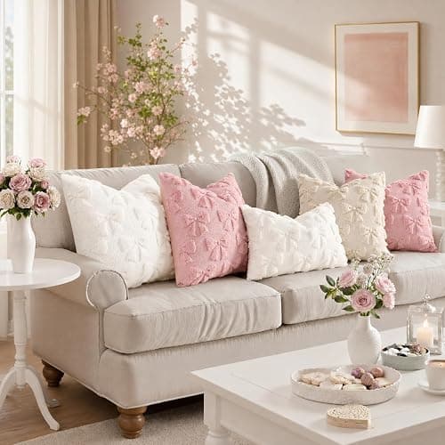 decorUhome Beige Bow Cute Girl Faux Fur Throw Pillow Covers 20x20 Set of 2 | Pillow Covers Coquette Aesthetic Plush Wool Modern Farmhouse Decorative Pillowcase for Preppy Bedroom Couch Sofa Decor thumbnail 5
