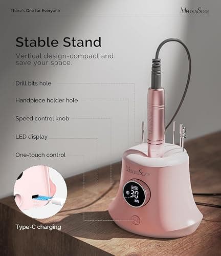 MelodySusie Multifunctional Upgraded Desktop Cordless Nail Drill with Bit Holders, SC320G 30000RPM E-File with Elegant Design for All Manicure Shaping & Gel Removal, Ideal for Nail Artists & Home Use thumbnail 6