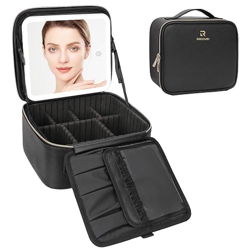 Relavel Travel Makeup Bag With LED Mirror, Cosmetic Train Case with Light up Mirror, Portable Makeup Artist Organizer Bag with Adjustable Dividers, Makeup Brush Holder Storage, Black thumbnail 8