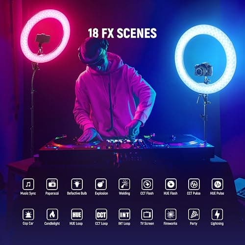 NEEWER 18 Inch RGB LED Ring Light APP Control with Tripod Stand and Phone HolderCompatible with iPhone for Selfie Makeup Lash Studio Streaming Video Recording Lighting, 42W Ringlight Dimmable,RGB18 II thumbnail 4