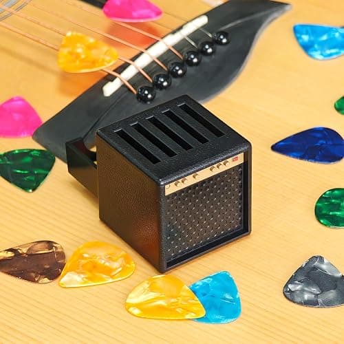 H.WW Guitar Pick Holder Case, Mini Amp Speaker Shaped with 5 Picks | ABS plastic molded, not 3D printed, hand-painted gold finish, snug-fit closure,amp speaker shape,Unique Gifts for Musicians thumbnail 3