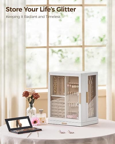 Glimmloop 360° Rotating Jewelry Box with 5 Drawers, Spacious Vertical Jewelry Organizer with Glass Window, Jewelry Storage Case, Dustproof & Moisture-resistant Design, White thumbnail 9
