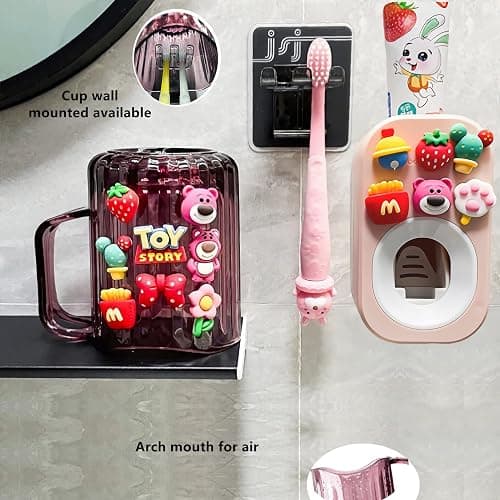 Automatic Toothpaste Dispenser & Toothpaste Holders and Wall Mounted Cup 3 Piece in a Set, is Wall Mounted for Bathroom,Toothpaste Squeezer for Kids & Family Shower by Mr. Thumbs(Pink Set) thumbnail 3