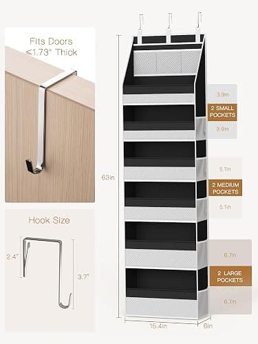 Criusia Over the Door Organizer, Heavy-Duty 6-Shelf Hanging Storage with 13 Mesh Pockets, 55lbs Capacity Behind the Door Storage for Nursery, Bathroom, Bedroom, and Dorm, Black thumbnail 8