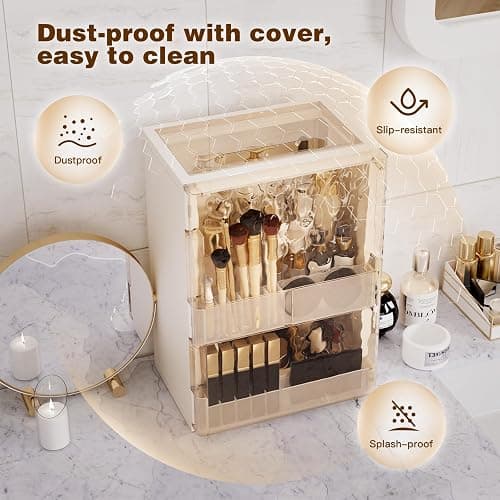 AERCIINC Makeup Organizer with Drawers,Skincare Organizer for Vanity,Large Cosmetic Display Case with Handle,Storage Organizers with Cover and Makeup Brush Holder for Dresser, Bathroom Countertop thumbnail 6