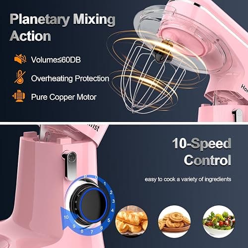 Honinst Stand Mixer, 6.5QT 10-Speed Tilt-Head Electric Stand Mixer, 3-In-1 Kitchen Mixer with Bowl, Dough Hook, Whisk and Beater, Food Mixer for Baking, Cake and Most Home Cooks, Pink thumbnail 4