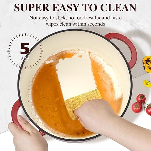 Umite Chef 7QT Enameled Cast Iron Dutch Oven with Lid & Cotton Potholders–Heavy-Duty Cookware for Bread Baking, Braising, Stews, Marinate, Cook(Red) thumbnail 5
