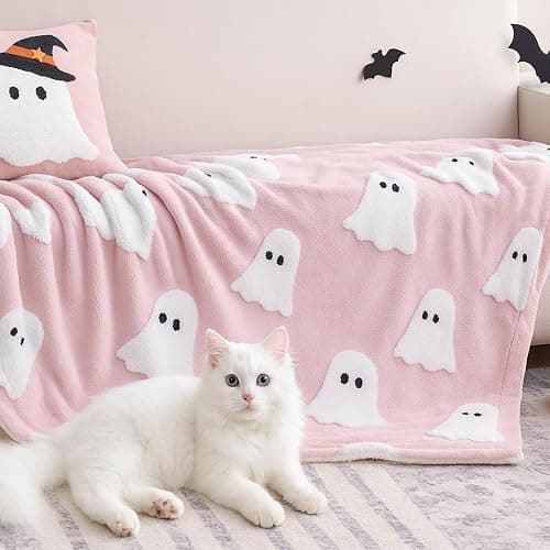 Smoofy Halloween Throw Blanket, Pink Ghost Fleece Halloween Blanket 50"x60" | Cute Pink Halloween Room Decor, Fluffy 3D Spooky Halloween Blanket for Sofa & Bed thumbnail 4