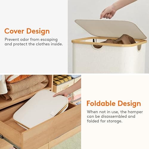 Lifewit 150L Laundry Basket with Lid, Clothes Hampers for Laundry with Bamboo Handles and 2 Removable Bag, Large Foldable Laundry Hamper for Bedroom, Bathroom, Dorm, Laundry Room, Off White thumbnail 7