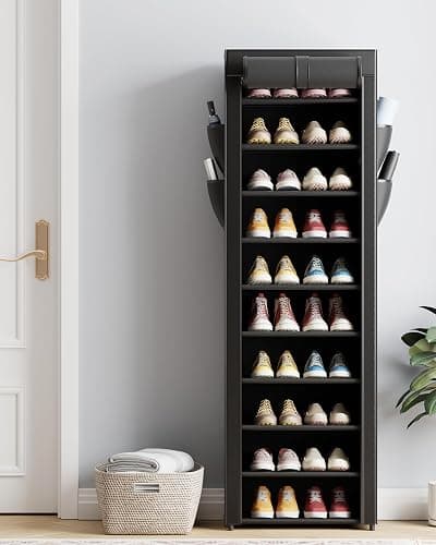 Kitsure Shoe Rack - 10-Tier Large Capacity Shoe Organizer Shelf with Dust Cover & Side Pockets, Rust-Proof Metal Shoe Rack for Closet, Entrance, Living Room, 17.5" x 12.4" x 69.3", Black thumbnail 2