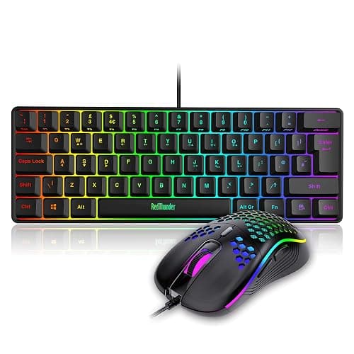 RedThunder 60% RGB Gaming Keyboard and Mouse Combo, UK Layout Ultra Compact Backlit Mini Keyboard, Lightweight 7200 DPI Cellular Optical Mouse, Portable Wired Gaming Set for PC PS5 Xbox Gamers (Black) - Image 1
