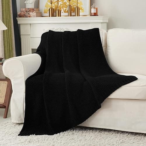 Chunky Cable Knit Throw Blanket Lightweight Black 100% Organic Cotton Blanket for Sofa Couch Bed Baby Nursery, Rustic Shabby Chic Modern Farmhouse, 60” x 80” Give Laundering Bag thumbnail 6