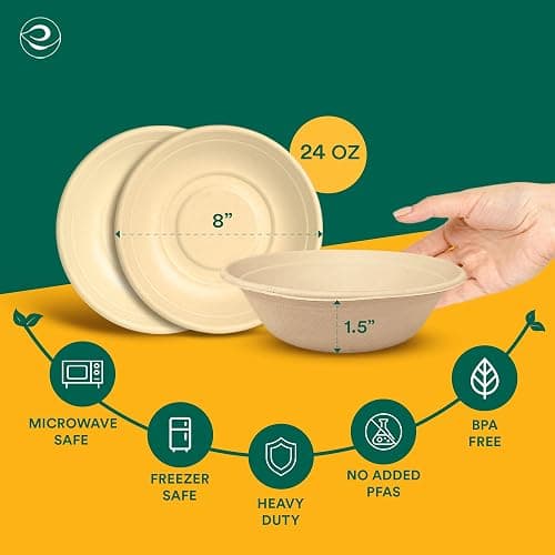 ECO SOUL Disposable Paper Bowls 24 oz, 100 Pack – Biodegradable Compostable Sugarcane Bagasse Bowls, Heavy Duty & Microwave Safe, Large Bowls for Serving Ramen, Curry, Rice, Salad – Natural Brown thumbnail 2