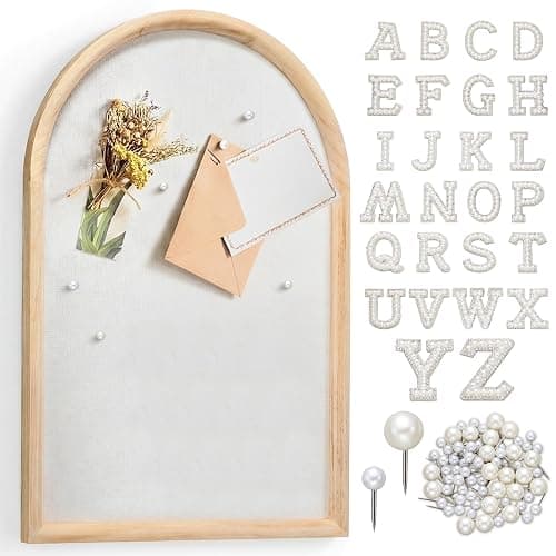 BrightRow Arch Bulletin Board with Pin Linen Wedding Display Framed Decorative 24x16 Hanging Wood Vision Cork Board for Office Wall School Home Decor, 70 Pearl Studs, 26 Letter Stickers(Natural) - Image 1