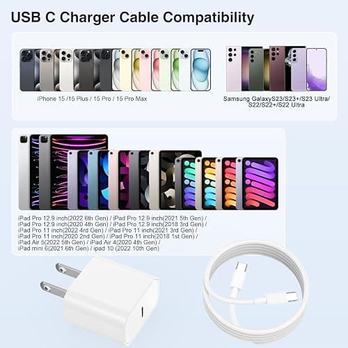 iPhone 16 15 Charger Block/10ft Type C to C Cable Cord Long, 20W USB C Fast Charging Plug for Apple iPhone 16 Pro Max/16 Plus/15 Pro,iPad AirPods Max 2 (2024)/AirPods Pro 2nd Gen/4/Power Adapter Cube - 1Pack 10 FT - white thumbnail 7