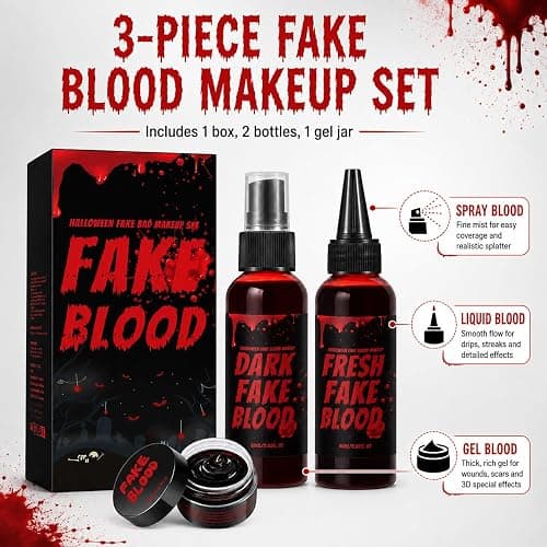 Halloween Fake Blood Kit, 3PCS Realistic Washable Blood Makeup with Spray, Dripping Blood & Coagulated Gel Blood for Zombie Vampire Monster Cosplay, Costume Party & SFX Makeup (3PCS) thumbnail 2